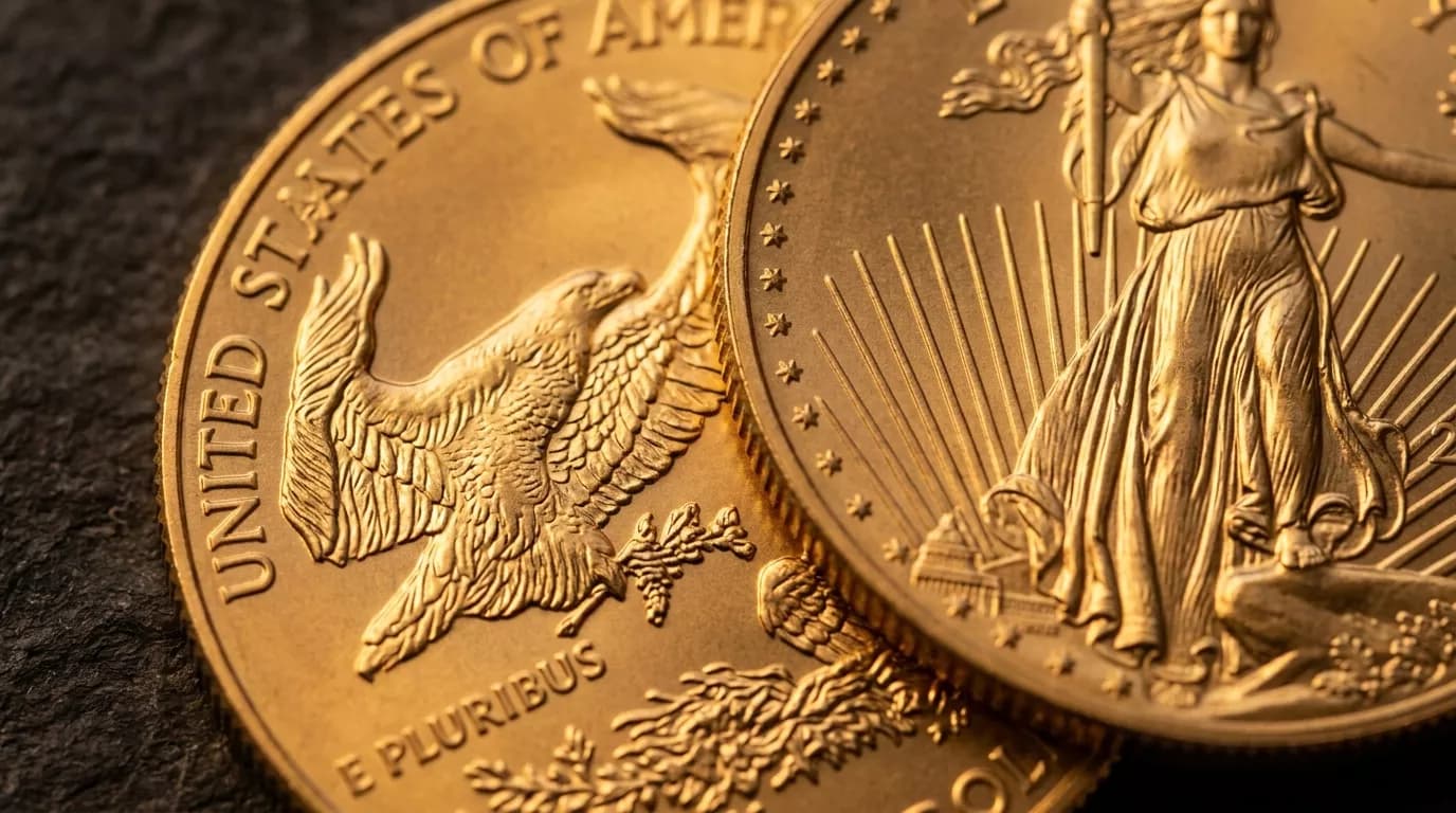 Macro view of gold coins catching the light — a symbol of tangible, owned wealth.