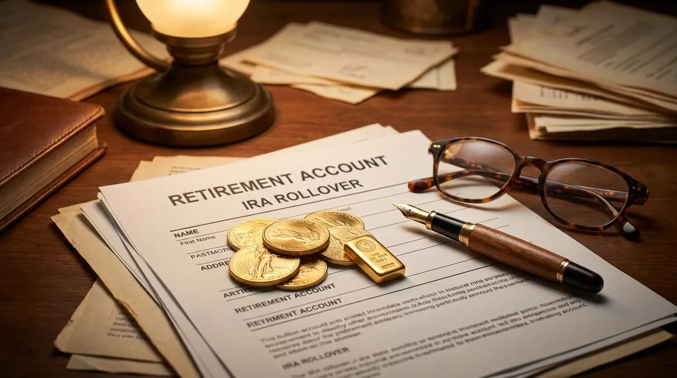 Gold IRA account paperwork beside gold coins, representing a self-directed retirement account.