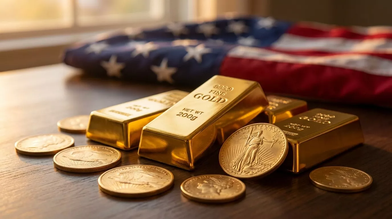 Gold coins beside an American flag, symbolizing savings protected against inflation.